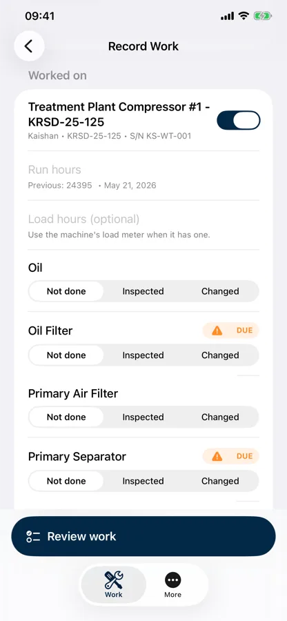 The Record Work screen: run hours, load hours, and the component controls