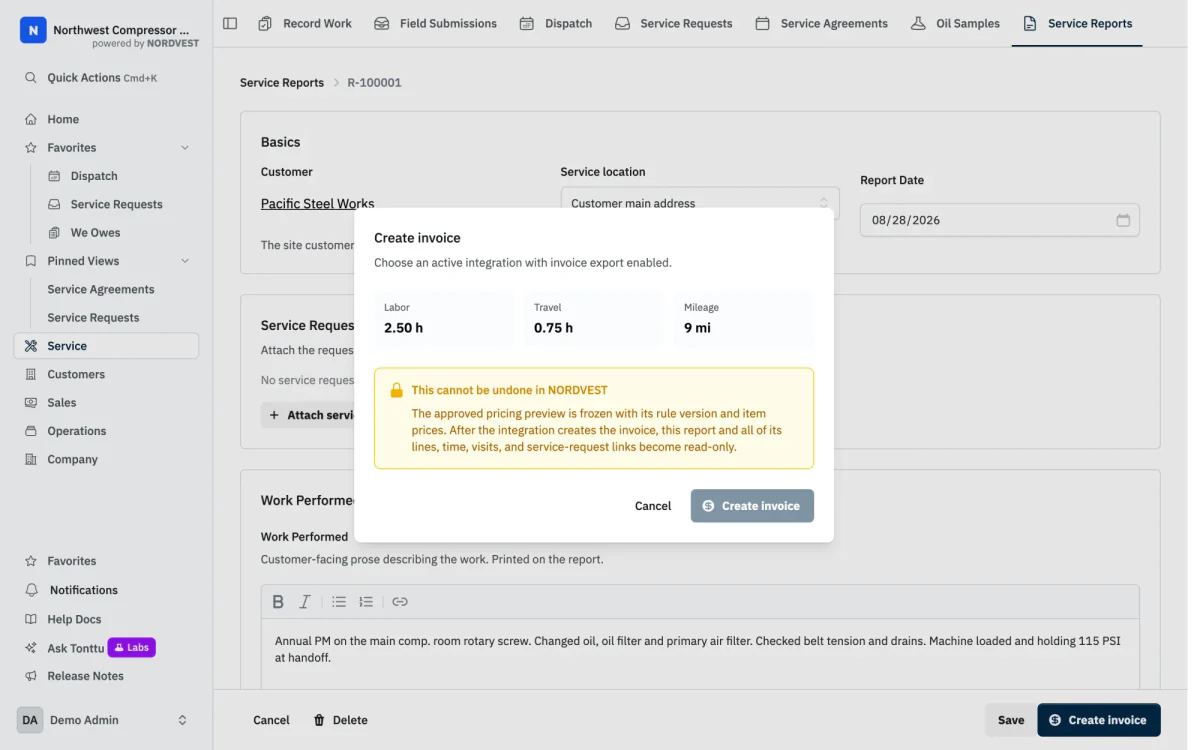 Creating an invoice from a NORDVEST service report: labor, travel and mileage summarized before it goes to accounting