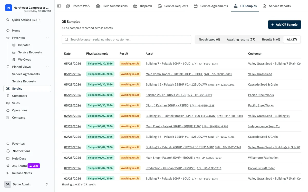 The oil samples list in NORDVEST: 27 samples across assets with dates, results and hours