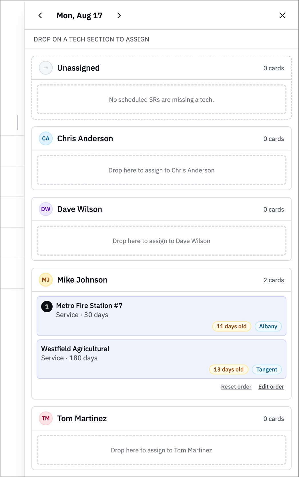 NORDVEST Quick Dispatch, showing unassigned work and each technician's lane