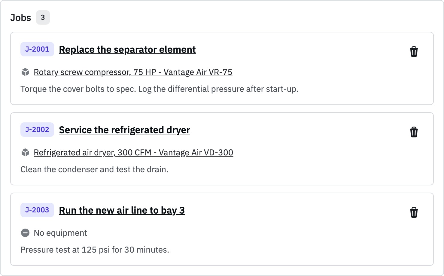 The Jobs section of a service request, with three numbered jobs: two on an asset and one with no equipment